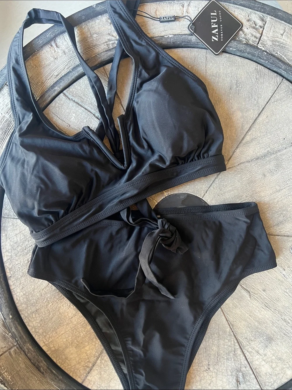 Zaful Black V‑Neck Tie High‑Waist Bikini Set Small B11